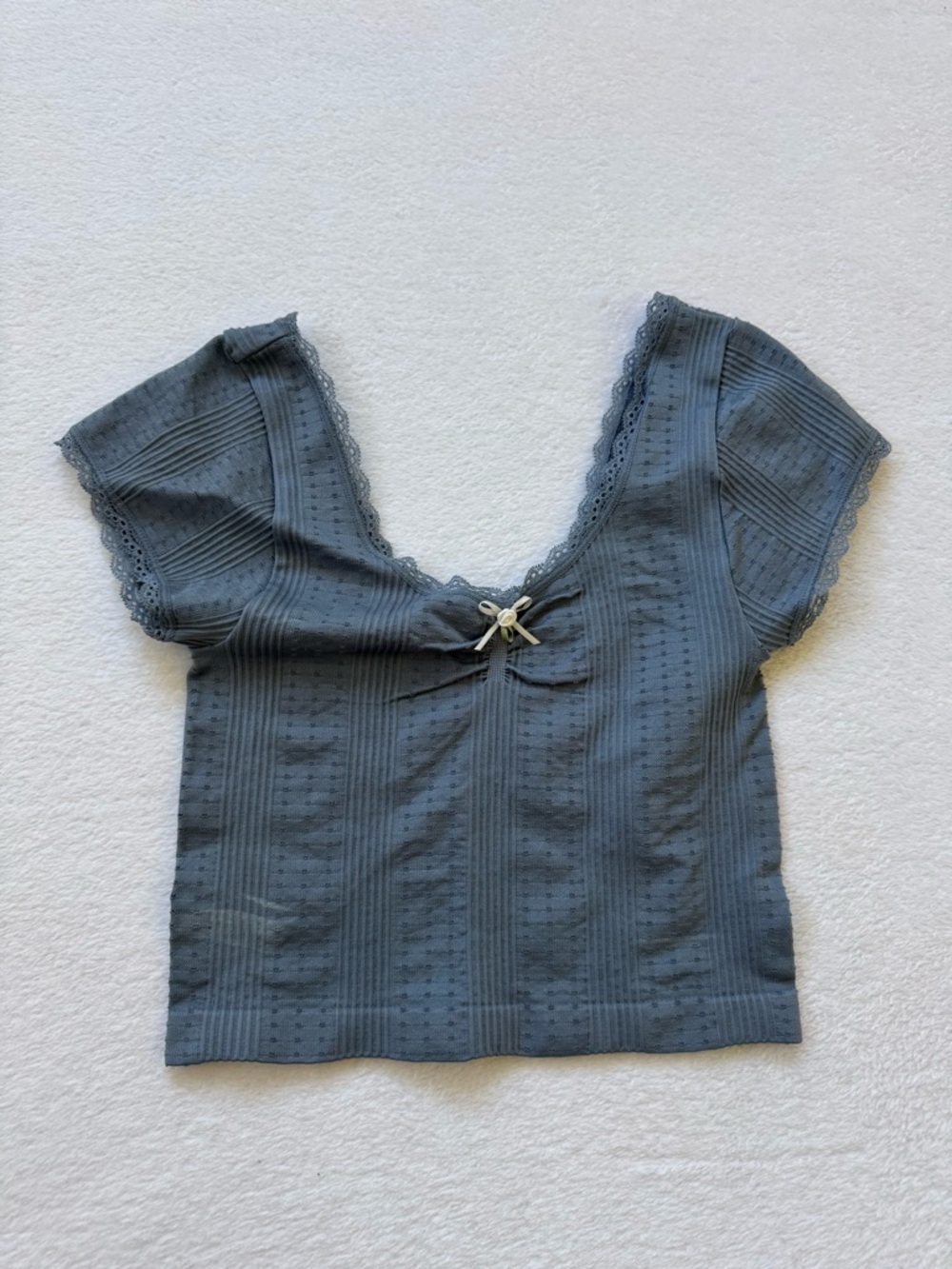Women's Slate Blue Eyelet Lace Trim Top